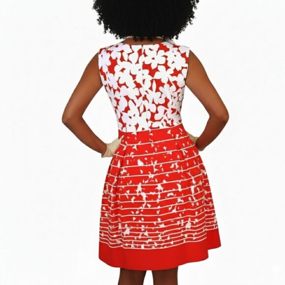 Studio One Red-Orange White Floral A-Line V-Neck Travel Dress 60s 70s Mod Sz 4 - Picture 3 of 14